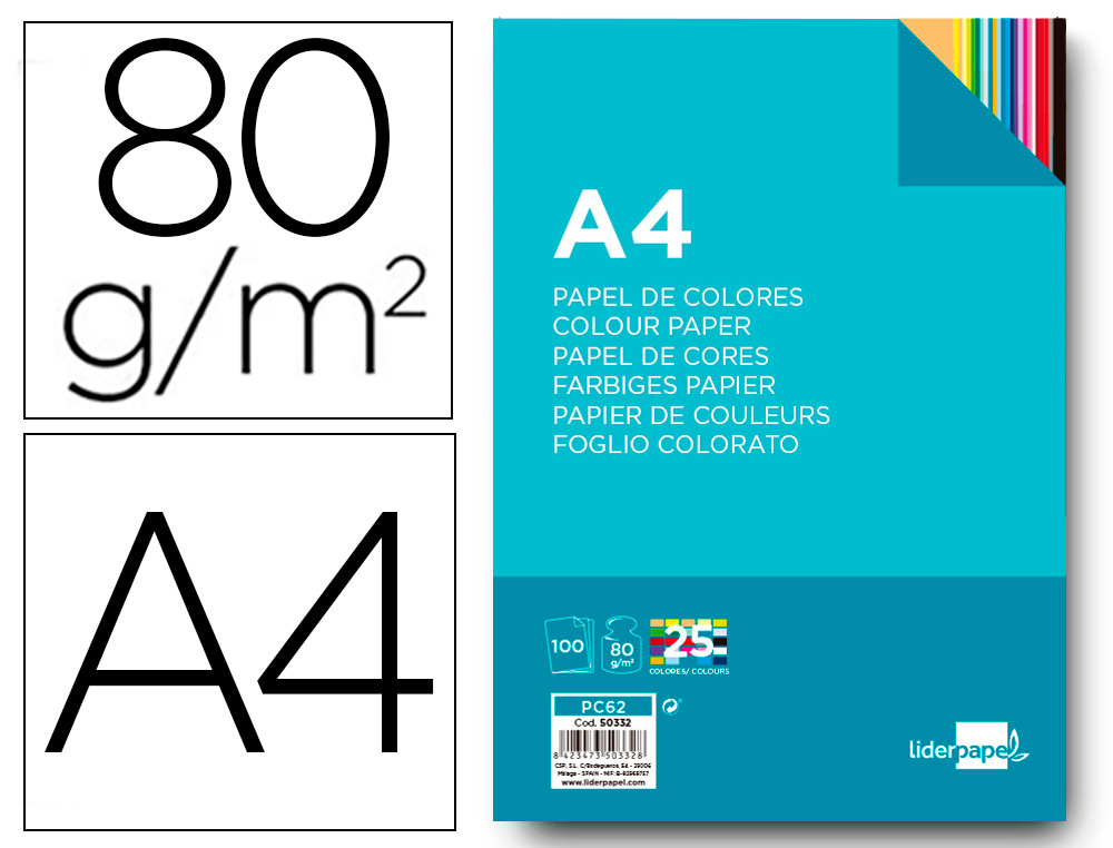 Papel color liderpapel a4 80gr 25 colores surtidos paquete de 100 hojas