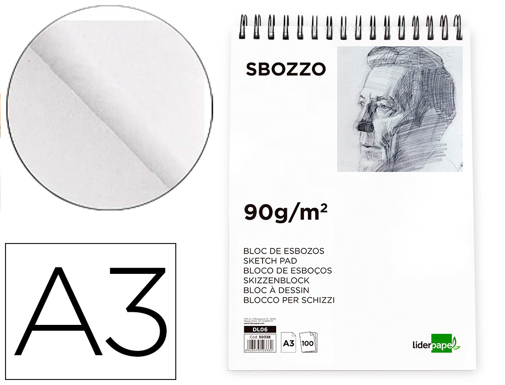 Bloc dibujo liderpapel esbozos espiral a3 297x420mm 100 hojas 90gr/m2 sin recuadro