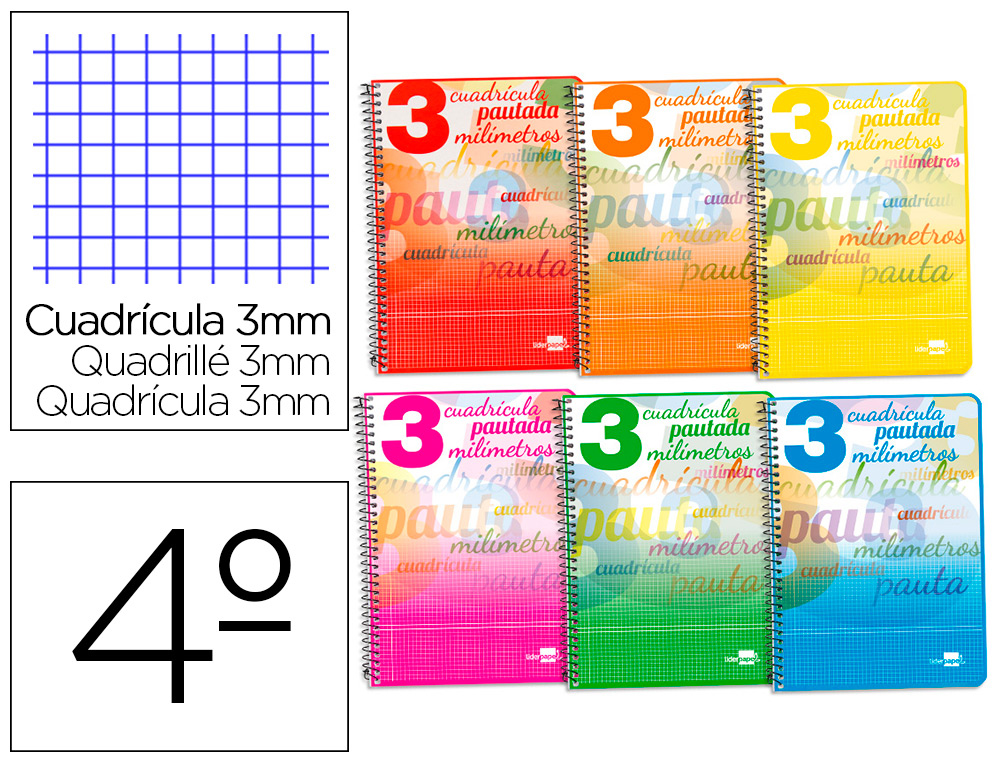 Cuaderno espiral liderpapel cuarto pautaguia tapa blanda 40h 75gr cuadro pautado 3 mm con margen colores surtidos