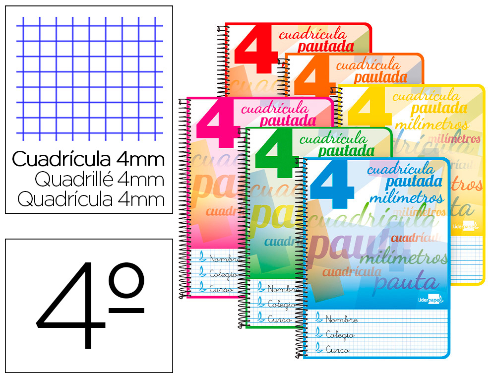 Cuaderno espiral liderpapel cuarto pautaguia tapa blanda 40h 75gr cuadro pautado 4mm c olores surtidos