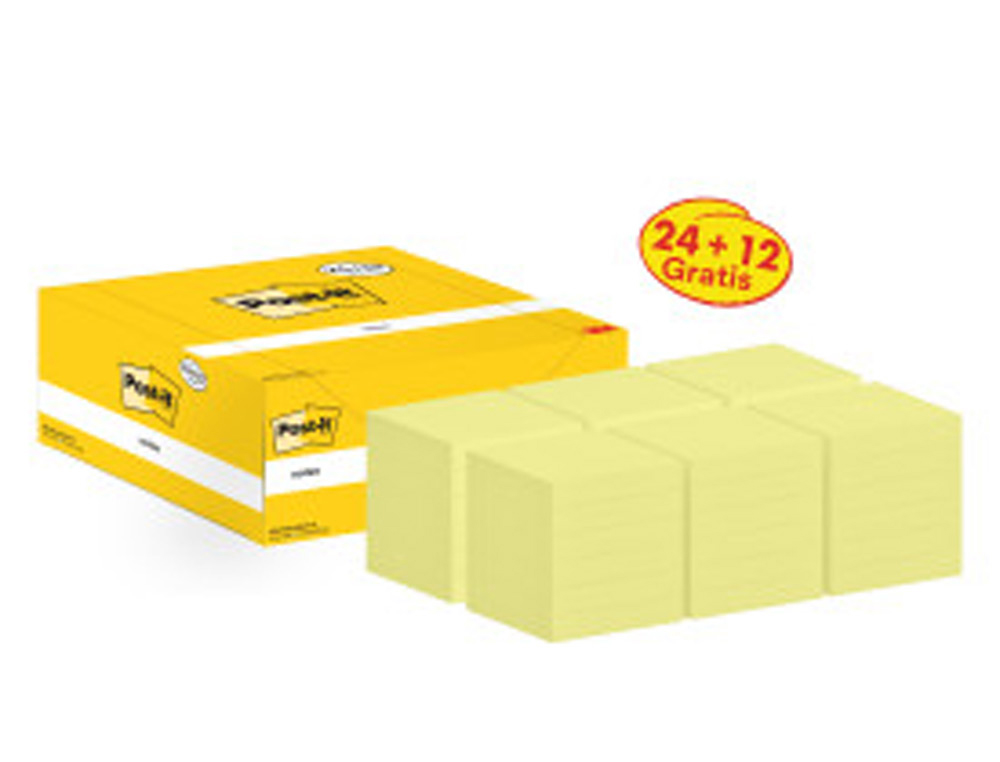 Bloc de notas adhesivas quita y pon post-it 76x76 mm pack promocional 24+12 unidades