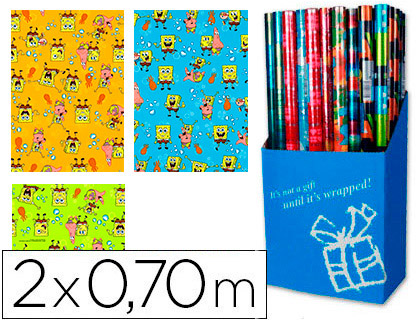 Papel de regalo infantil bob esponja rollo ancho 70 cm longitud 2 mt diseños surtidos gramaje 60 gr