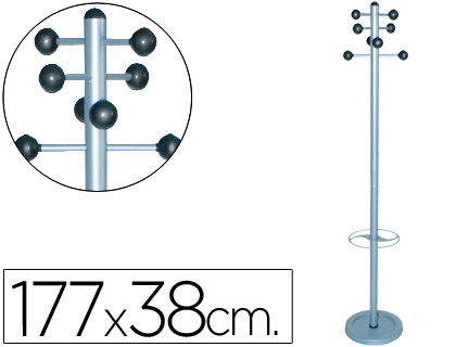 Perchero metalico pie con paraguero 8 colgadores color plata 177x38 cm