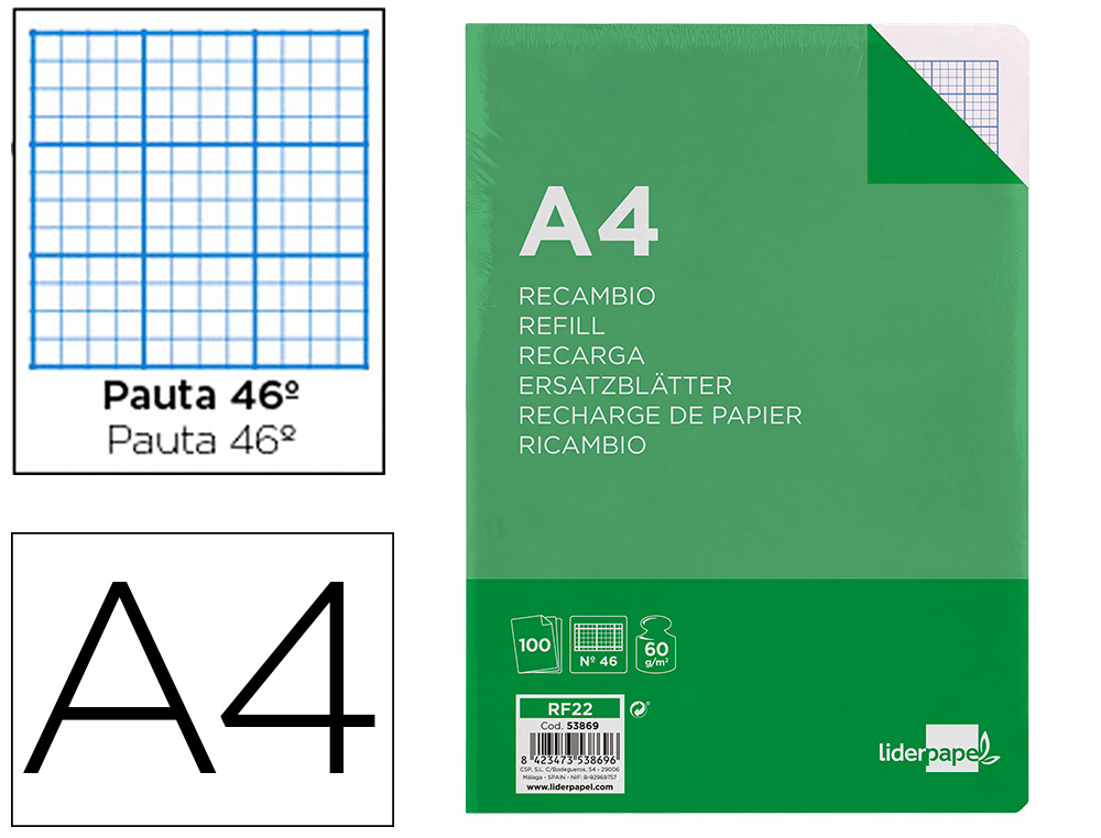 Recambio liderpapel a4 100 hojas 60g/m2 rayado nº 46 4 taladros
