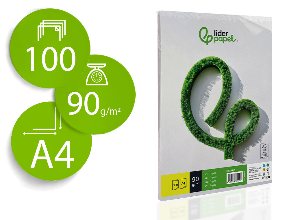 Papel liderpapel a4 90g/m2 liso paquete de 100 hojas