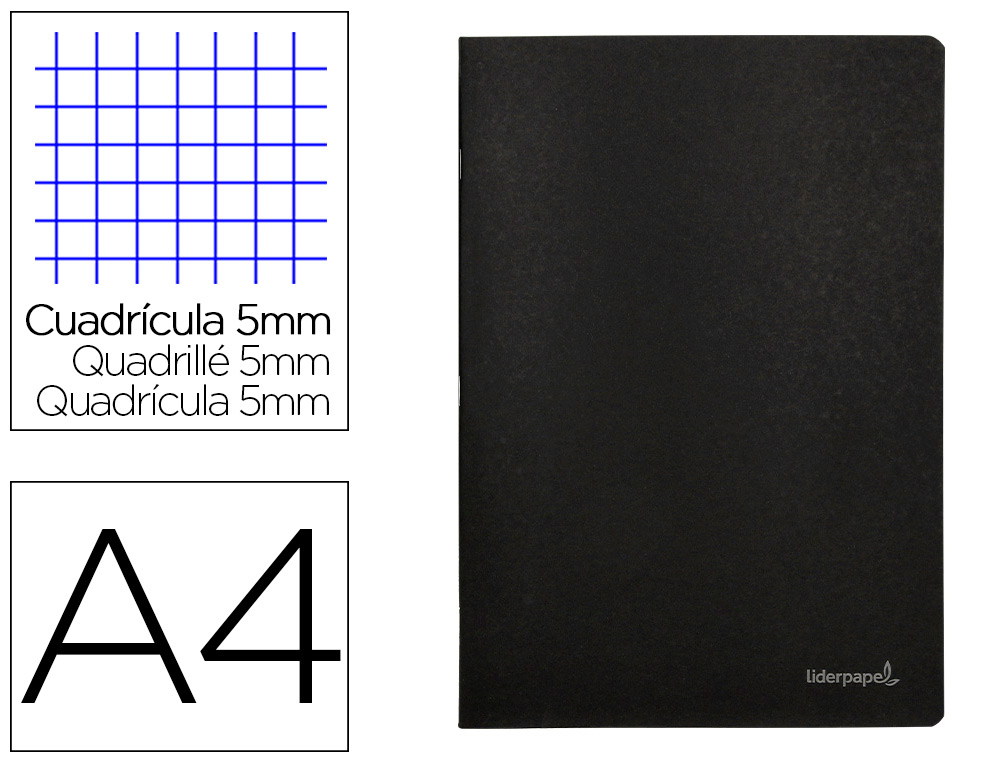 Libreta liderpapel tapa negra a4 80 hojas 60g/m2 cuadro 5mm con doble margen