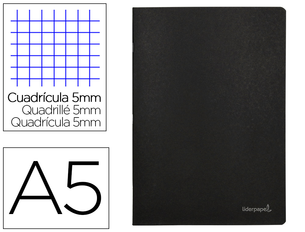 Libreta liderpapel tapa negra a5 80 hojas 60g/m2 cuadro 5mm con doble margen