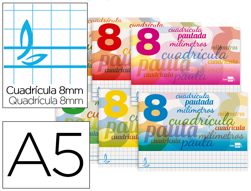 Libreta liderpapel pautaguia tapa cartoncillo 32 hojas din a5 cuadriculado pautado 8mm apaisada 70 gr