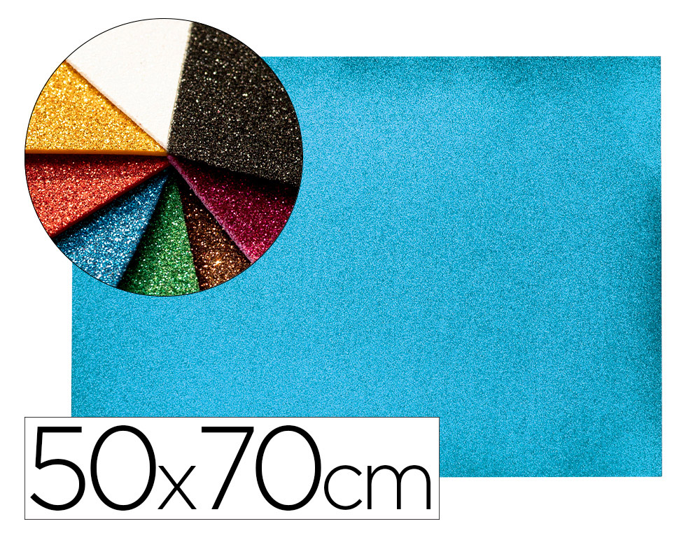 Goma eva con purpurina biodegradable liderpapel 50x70cm 60g/m2 espesor 2 mm azul claro