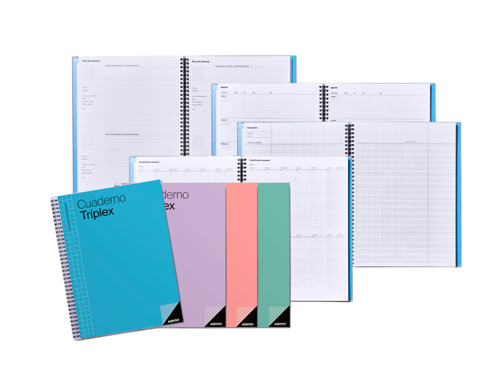 Cuaderno triplex additio plan de curso evaluacion agenda plan semanal y tutorias fundas transparentes 22,5x31cm