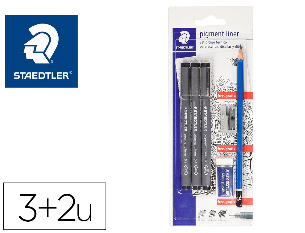 Rotulador staedtler calibrado micrometrico 308 negro blister de 3 und + goma lapiz y sacapuntas de regalo