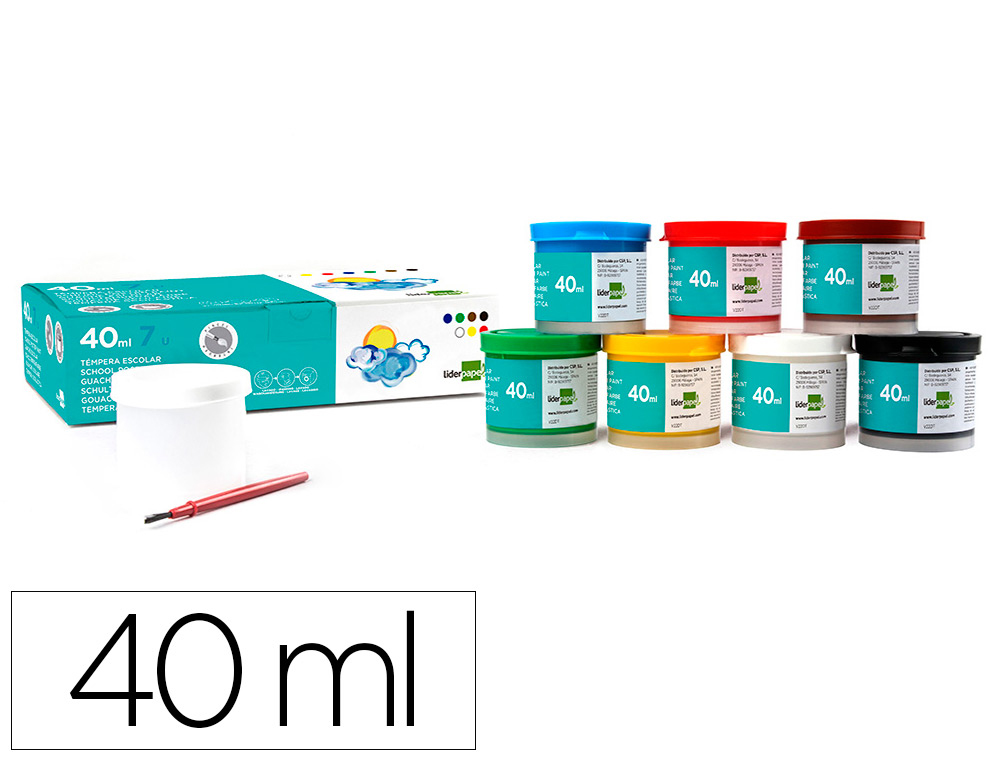 Tempera liderpapel escolar 40 ml caja 7 colores surtidos + pincel