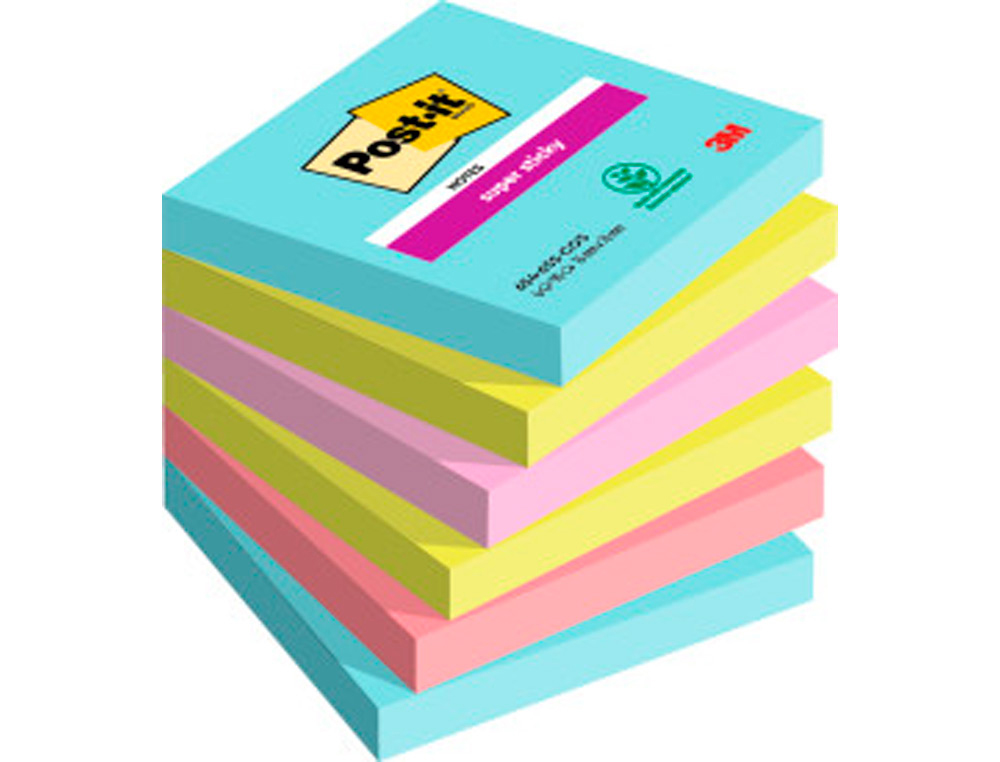Bloc de notas adhesivas quita y pon post-it super sticky 76x76 mm con 90 hojas pack de 6 unidades colores miami
