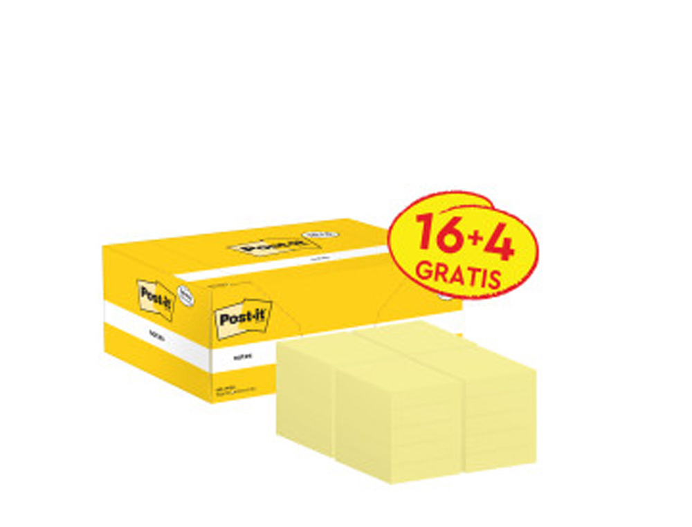 Bloc de notas adhesivas quita y pon post-it amarillo canario 38x51 mm pack promocional 16+4 gratis