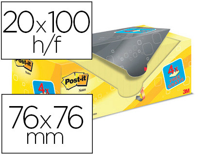 Bloc de notas adhesivas quita y pon post-it amarillo canario 76x76 mm pack promocional 16+4 gratis