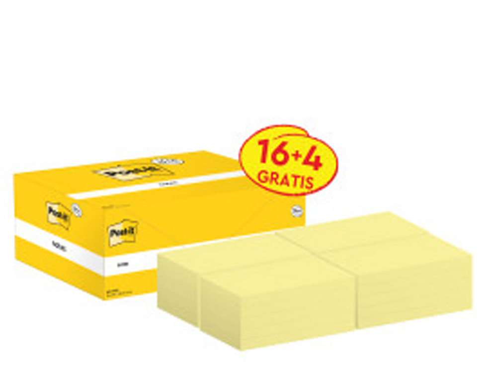Bloc de notas adhesivas quita y pon post-it amarillo canario 76x127 mm pack promocional 16+4 gratis