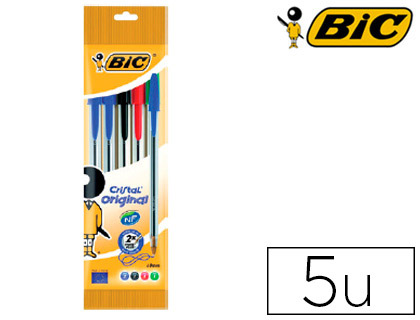Boligrafo bic cristal original bolsa de 5 unidades colores surtidos 2 azul /1 negro /1 rojo /1 verde