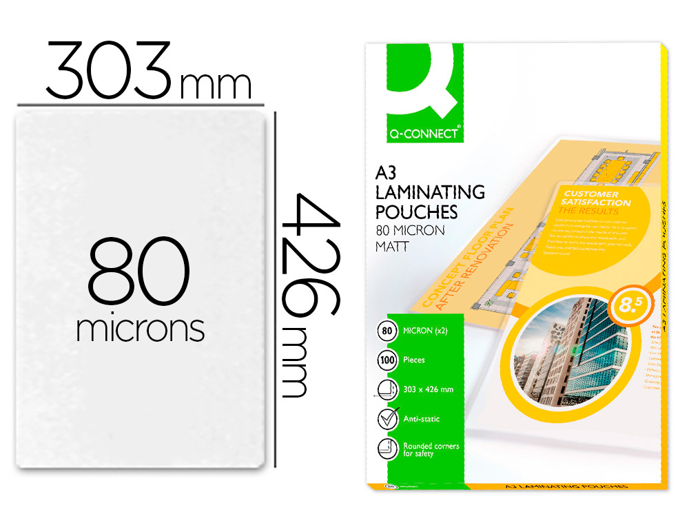 Bolsa de plastificar q-connect 303 x 426 mm 80 mc din a3 mate caja de 100 unidades