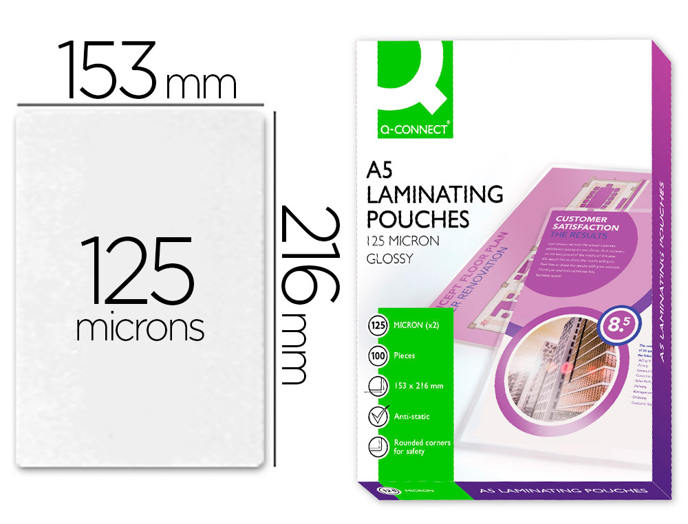 Bolsa de plastificar q-connect 153 x 216 mm 125 mc din a5 a caja de 100 unidades