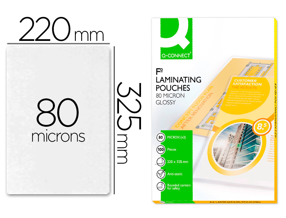 Bolsa de plastificar q-connect 325 x 220 mm 80 mc folio caja de 100 unidades