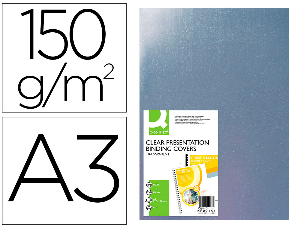 Tapa de encuadernacion q-connect pvc din a3 incolora 150 mc caja de 100 unidades
