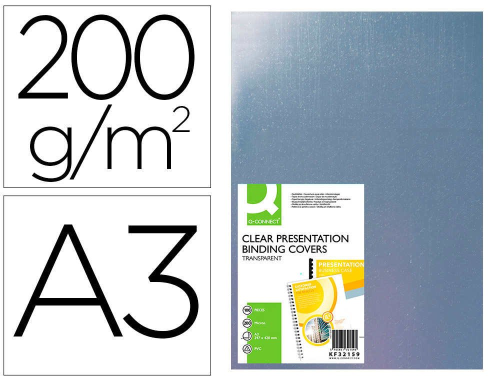Tapa de encuadernacion q-connect pvc din a3 incolora 200 mc caja de 100 unidades