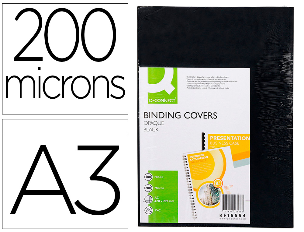 Tapa de encuadernacion q-connect pvc din a3 opaca negra 200 mc caja de 100 unidades
