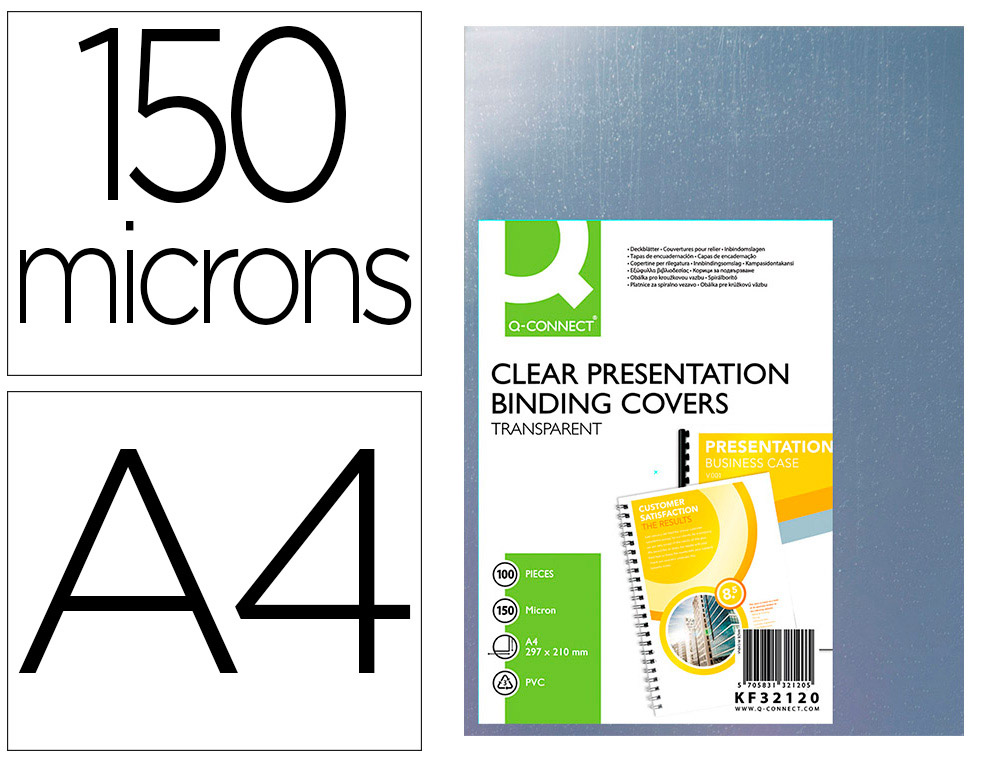Tapa de encuadernacion q-connect pvc din a4 incolora 150 mc paquete de 100 unidades