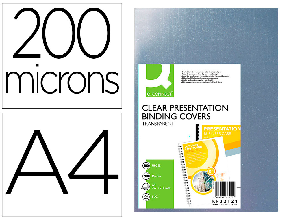 Tapa de encuadernacion q-connect pvc din a4 incolora 200 mc paquete de 100 unidades