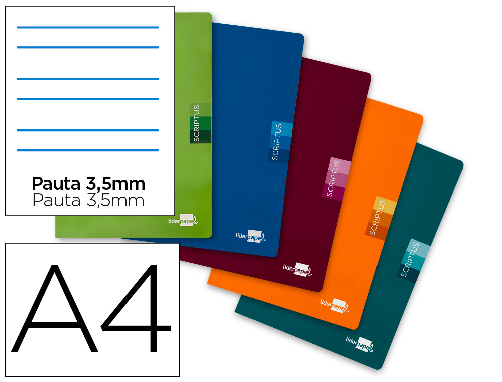 Libreta liderpapel scriptus a4 48 hojas 90g/m2 rayado montessori 3,5mm con margen colores surtidos