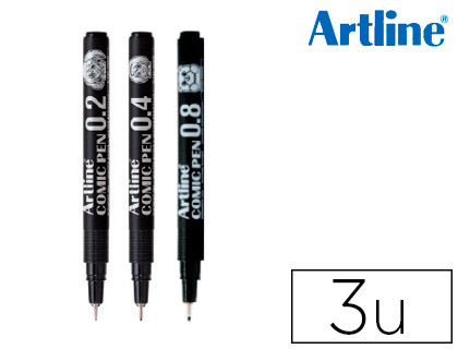 Rotulador artline comic pen calibrado micrometrico negro bolsa de 3 uds 0,2 0,4 0,8 mm