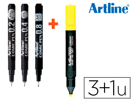 Rotulador artline comic pen calibrado micrometrico negro bolsa de 3 uds 0,2 0,4 0,8 + fluorescente 660