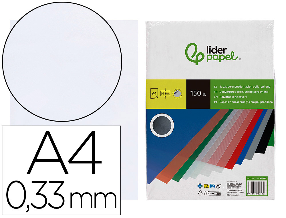 Tapa encuadernacion liderpapel polipropileno a4 0.33mm translucida paquete de 150 unidades