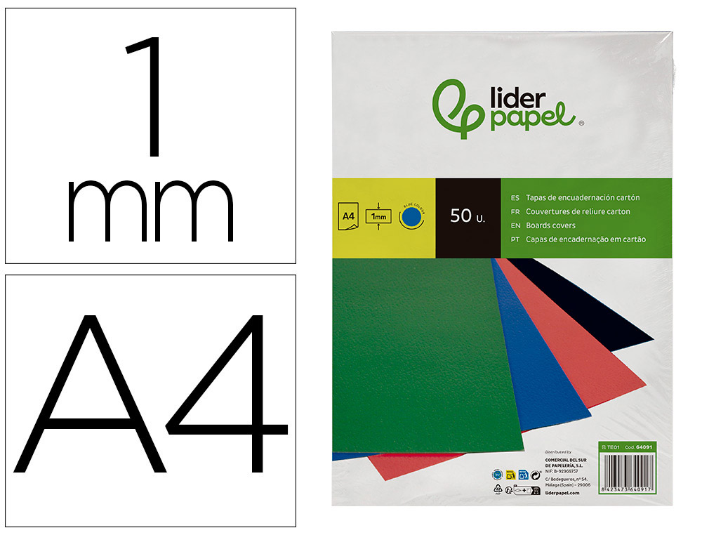 Tapa encuadernacion liderpapel carton a4 1mm azul paquete de 50 unidades