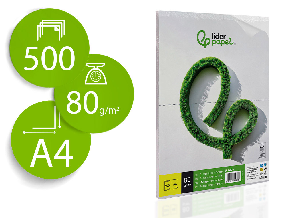 Papel liderpapel a4 80g/m2 liso microperforado en dos partes iguales paquete de 500 hojas fsc