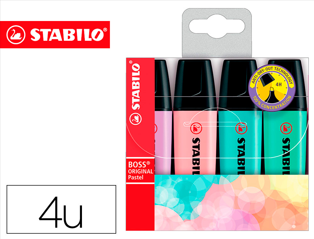 Rotulador stabilo boss pastel fluorescente 70 estuche de 4 unidades colores surtidos