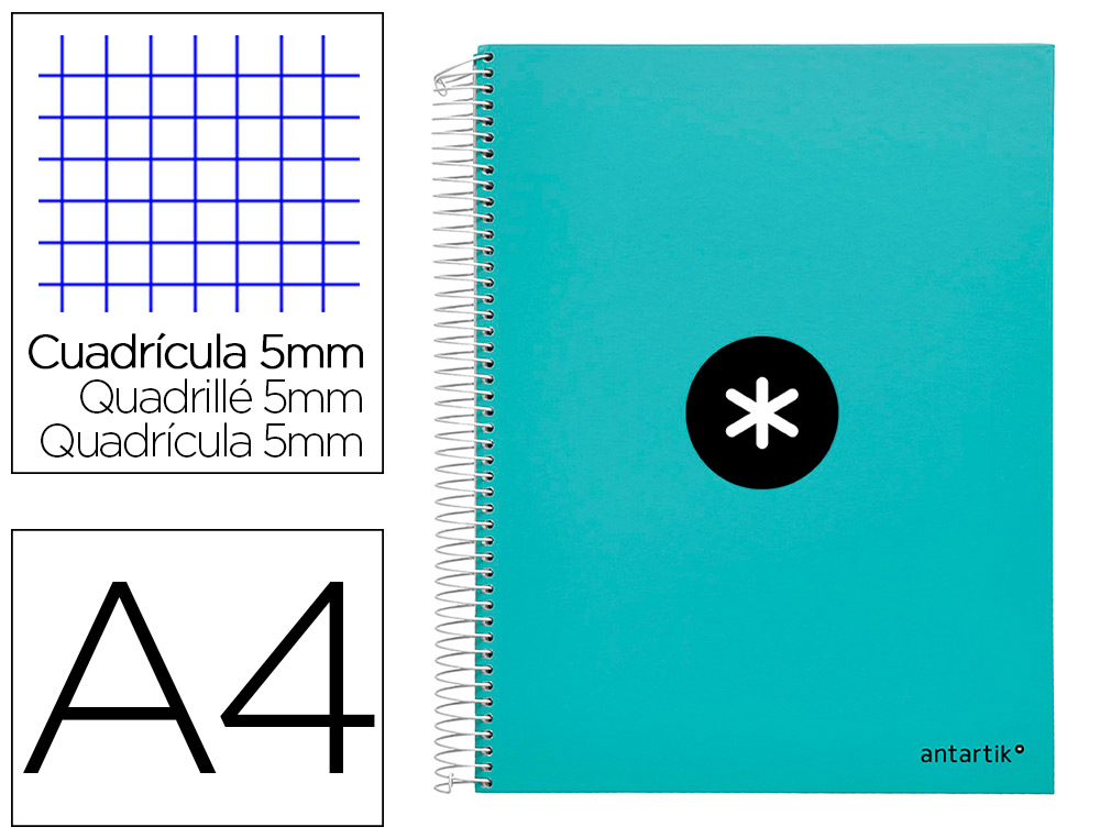 Cuaderno espiral a4 micro antartik tapa forrada 120h 90 gr cuadro 5mm 5 bandas 4 taladros color menta