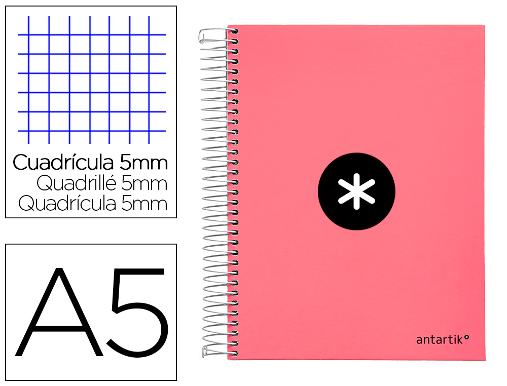 Cuaderno espiral a5 micro antartik tapa forrada120h 90 gr cuadro 5 mm 5 band 6 taladros color coral