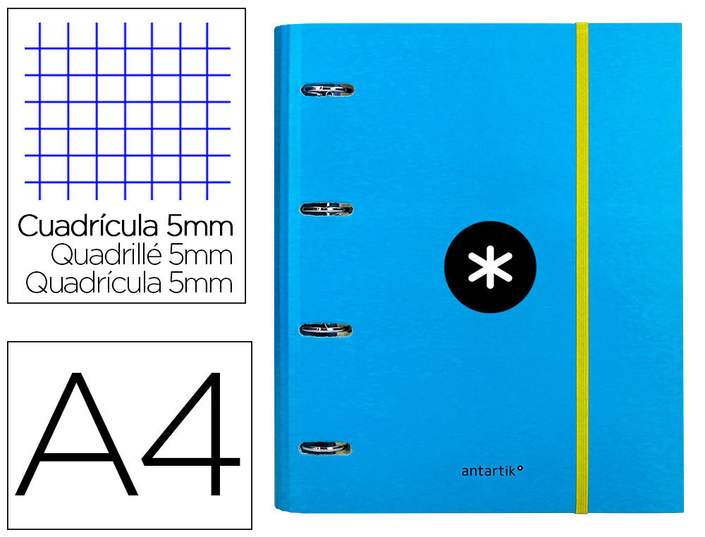 Carpeta con recambio antartik a4 cuadro 5mm forrada 4 anillas 40mm redondas con solapa color azul