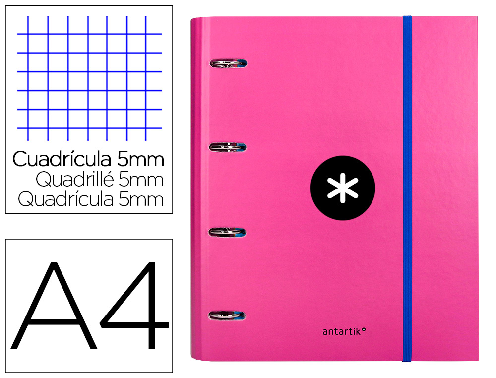 Carpeta con recambio antartik a4 cuadro 5mm forrada 4 anillas 40mm redondas con solapa color rosa