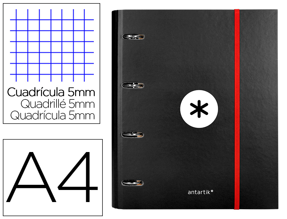 Carpeta con recambio antartik a4 cuadro 5mm forrada 4 anillas 40mm redondas con solapa color negro