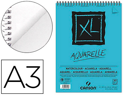 Bloc dibujo acuarela canson xl aquarelle grano fino din a3 microperforado espiral 29,7x42 cm 30 hojas 300 gr/m2