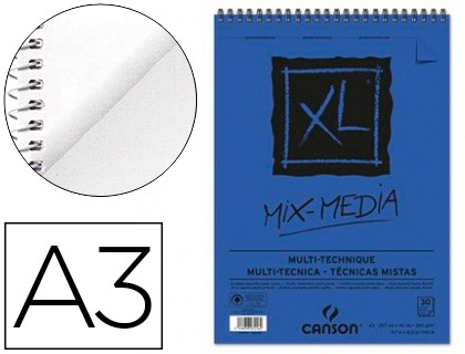 Bloc dibujo acuarela canson xl mix media grano medio din a3 microperforado espiral 29,7x42cm 30 hojas 300 gr/m2