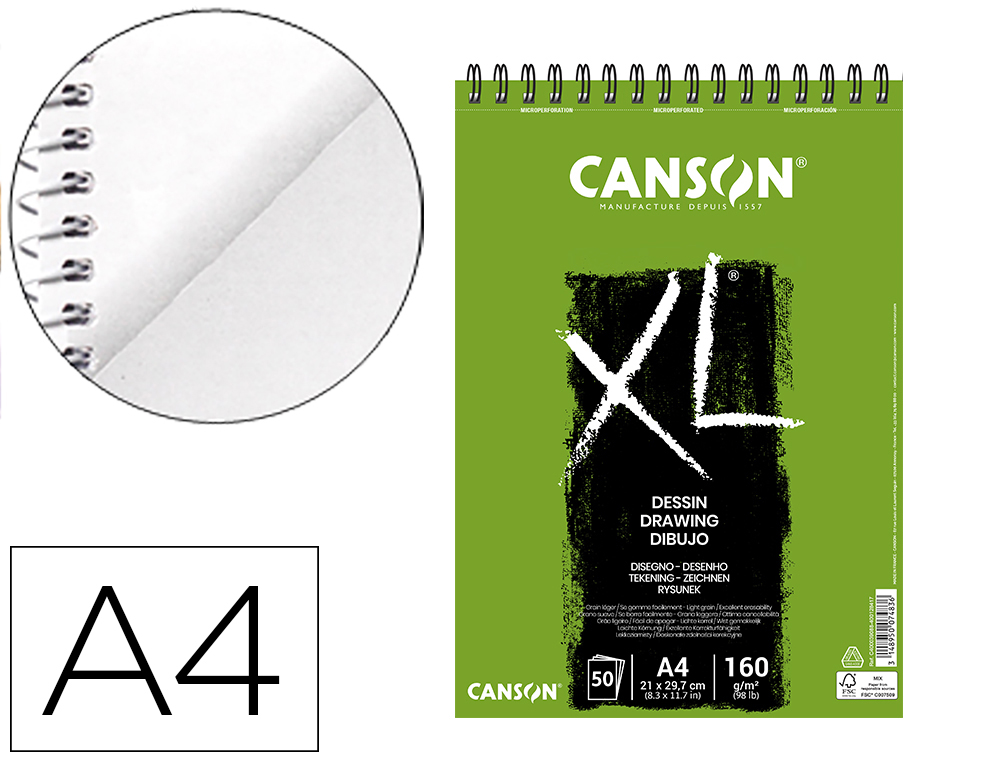 Bloc dibujo canson xl dessin din a4 liso microperforado espiral 21x29,7 cm 50 hojas 160 gr/m2