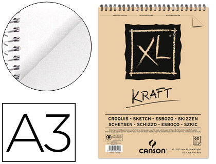 Bloc dibujo esbozo canson xl kraft din a3 kraft rayado beige espiral 29,7x42 cm 60 hojas 90 gr/m2