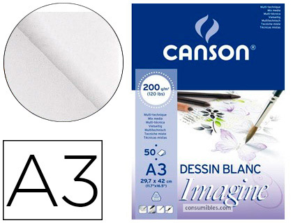 Bloc dibujo multitecnicas canson imagine din a3 encolado liso 29,7x42 cm 50 hojas 200 gr/m2
