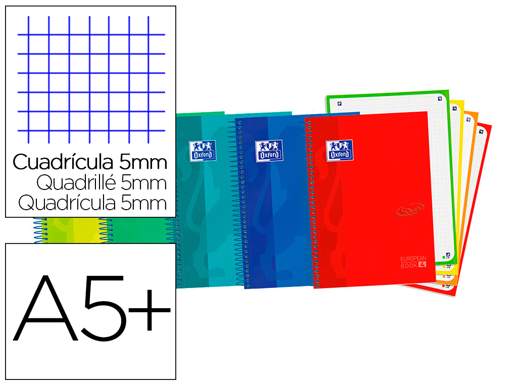 Cuaderno espiral oxford ebook 4 tapa extradura din a5+ 120 h microperforadas cuadro 5 mm colores vivos surtidos