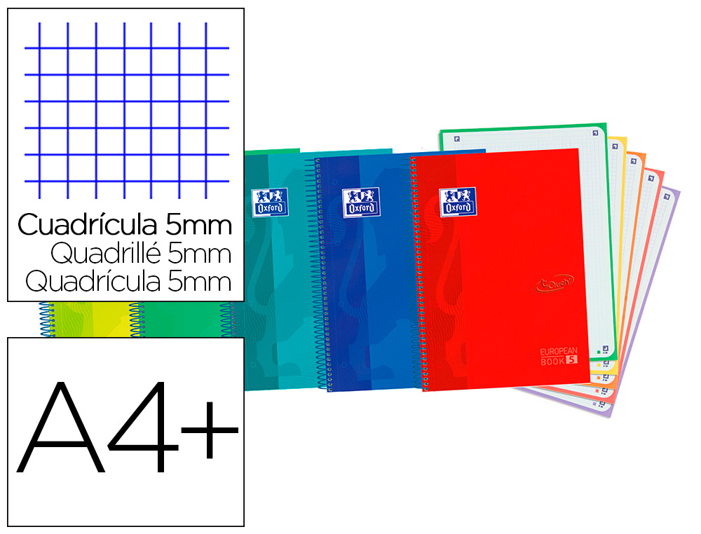 Cuaderno espiral oxford ebook 5 tapa extradura din a4+ 120 h microperforadas cuadro 5 mm colores vivos surtidos