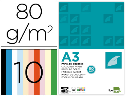 Papel color liderpapel a3 80gr 10 colores surtidos paquete 100 hojas