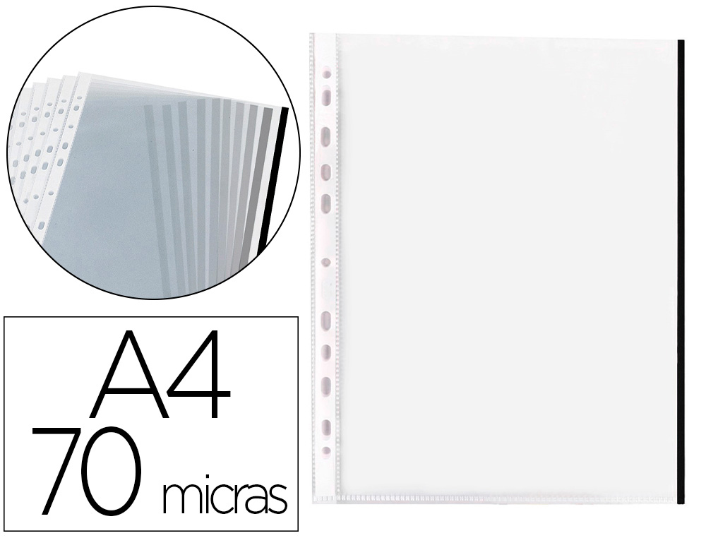 Funda multitaladro q-connect din a4 70 mc pp cristal con borde negro bolsa de 10 unidades